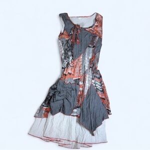 Vintage Grey and red patchwork midi dress with asymmetrical hem and ruffles